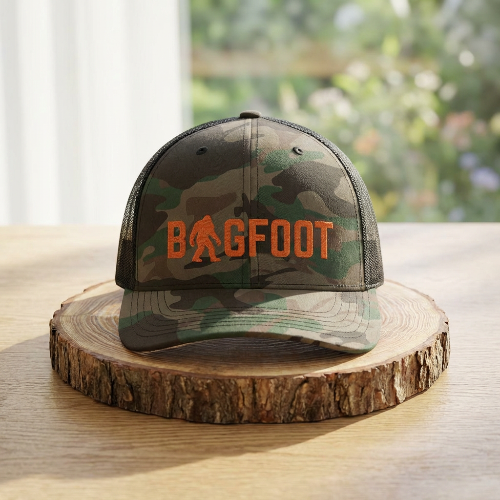 Bigfoot Camo Trucker Hat – Embroidered Sasquatch Cap for Outdoor & Cryptid Fans