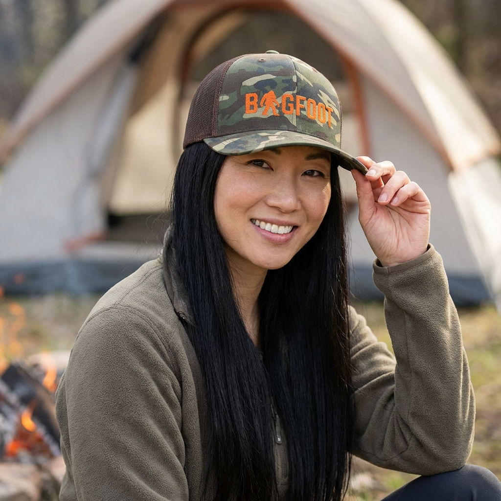 Bigfoot Camo Trucker Hat – Embroidered Sasquatch Cap for Outdoor & Cryptid Fans