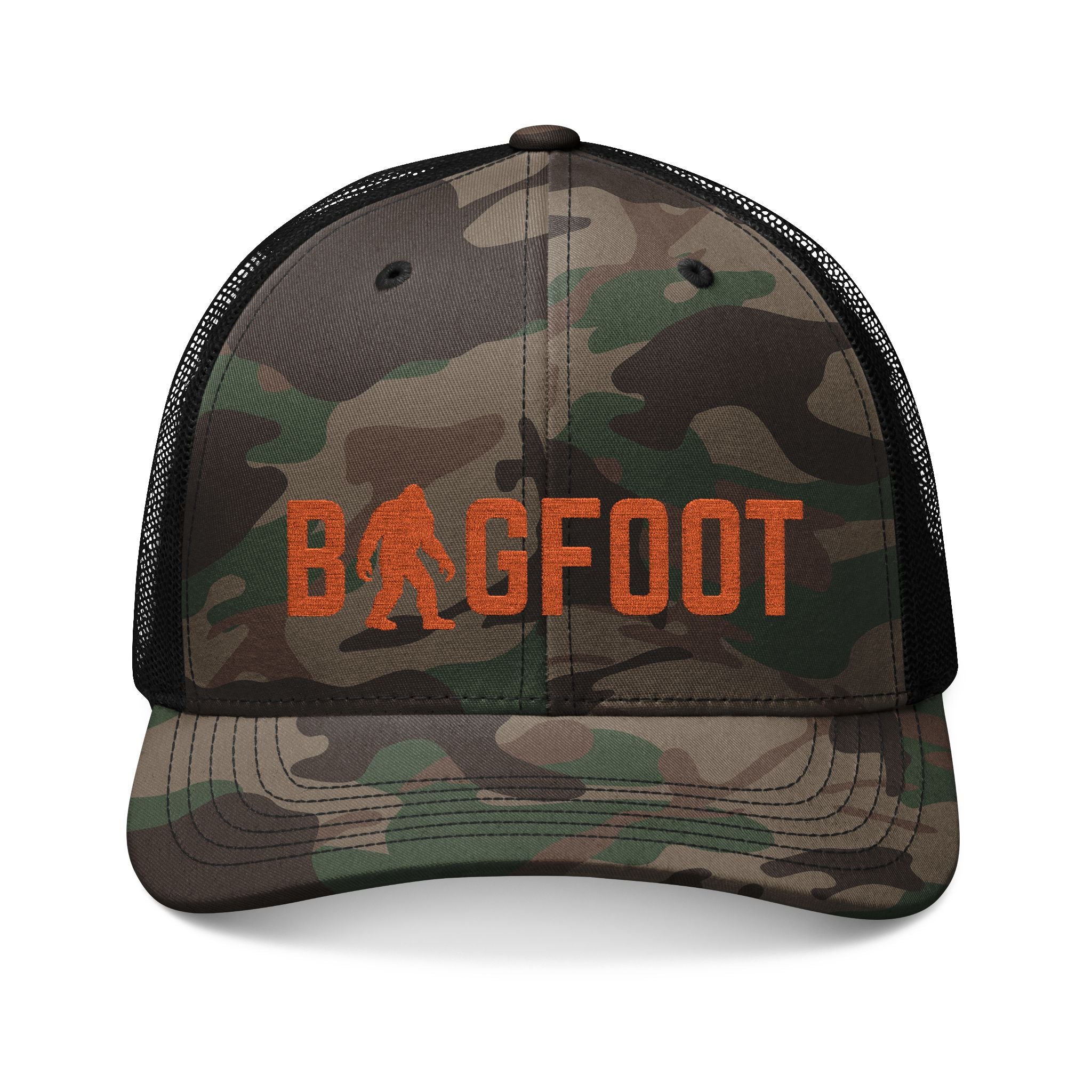 Bigfoot Camo Trucker Hat – Embroidered Sasquatch Cap for Outdoor & Cryptid Fans