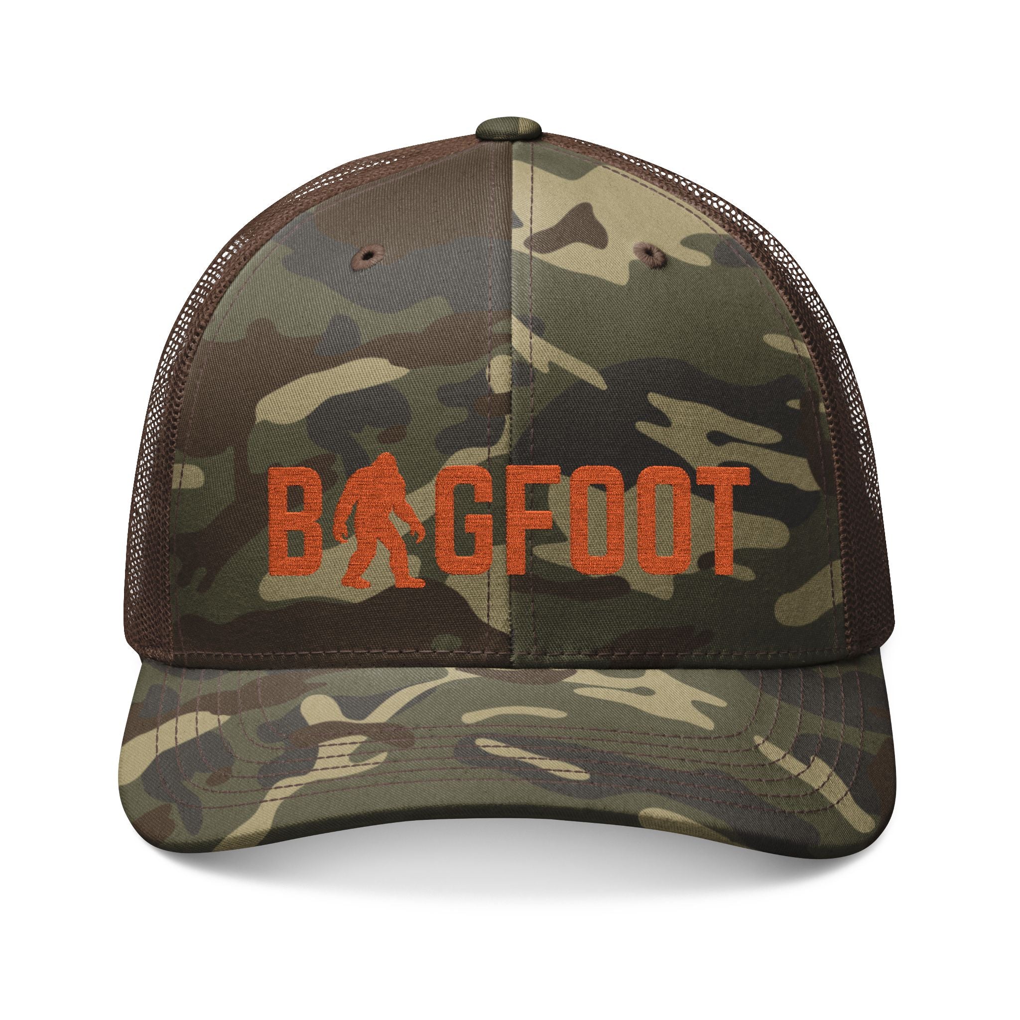 Bigfoot Camo Trucker Hat – Embroidered Sasquatch Cap for Outdoor & Cryptid Fans